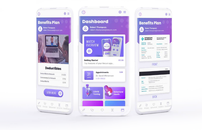 3 smart phone Recuro app with screen shots 